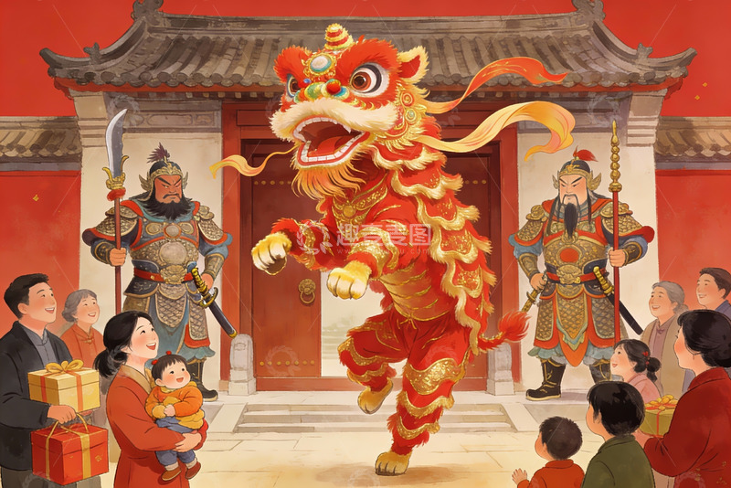 高清大图下载【趣麦麦图】舞狮表演欢庆节日场景