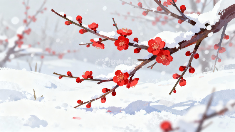 高清大图下载【趣麦麦图】雪中红梅绽放