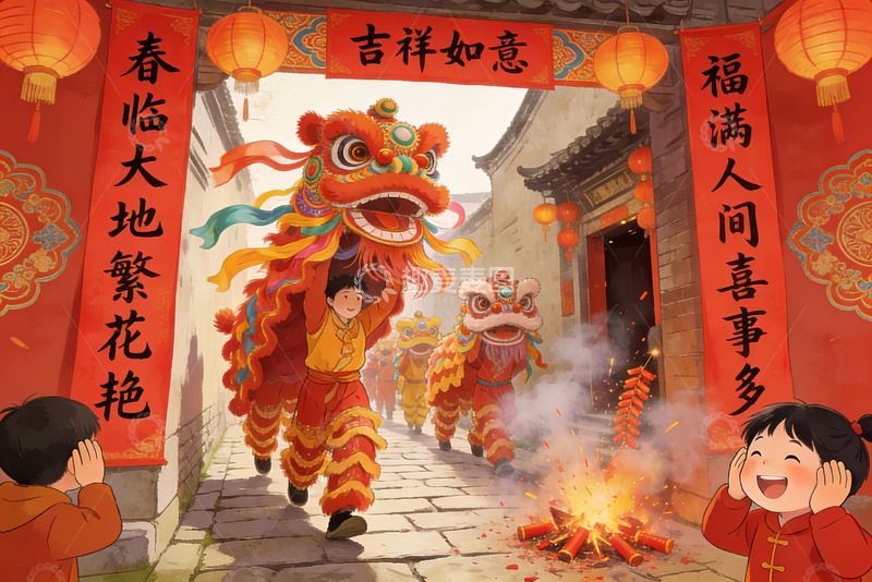 高清大图下载【趣麦麦图】舞狮表演欢庆节日热闹场景