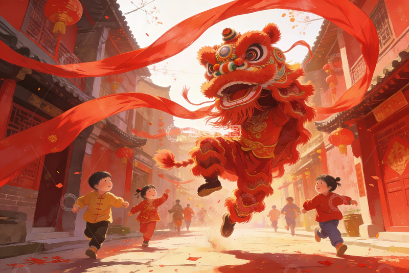 高清大图下载【趣麦麦图】舞狮表演街头欢庆场景