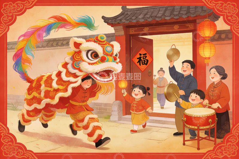 高清大图下载【趣麦麦图】春节舞狮欢庆场景