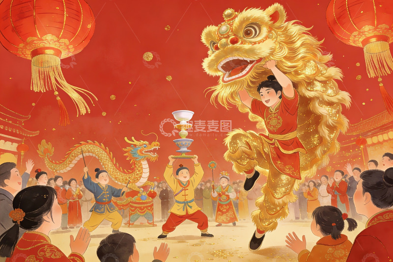 高清大图下载【趣麦麦图】春节舞狮热闹场景