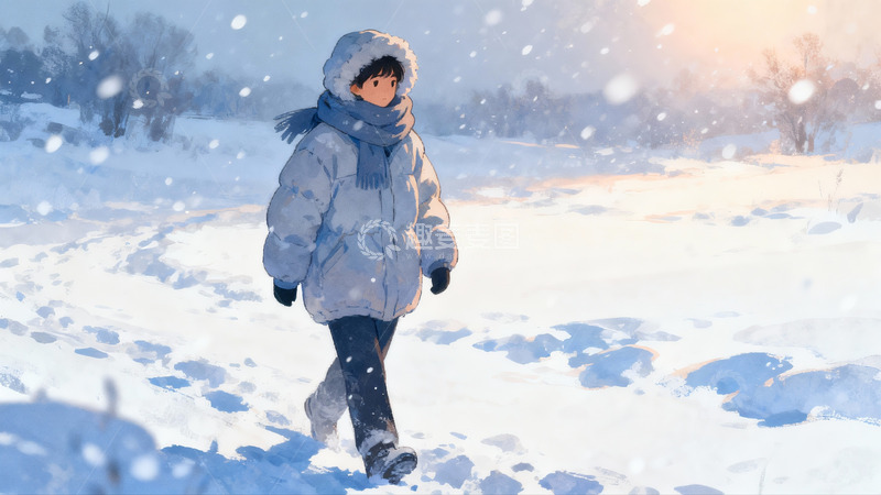 高清大图下载【趣麦麦图】雪地行走者冬日漫步
