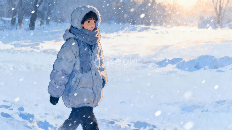 高清大图下载【趣麦麦图】雪地行走的冬日少女