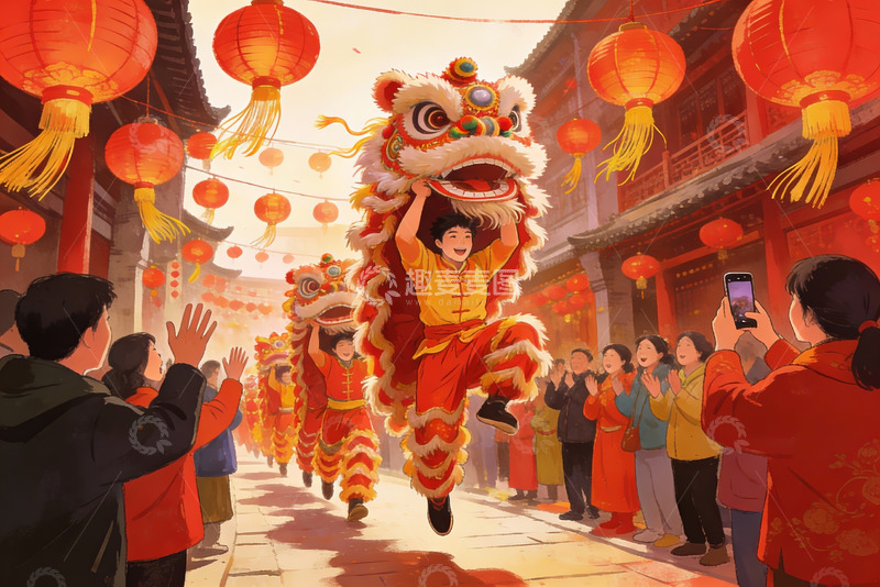 高清大图下载【趣麦麦图】春节舞狮热闹街景