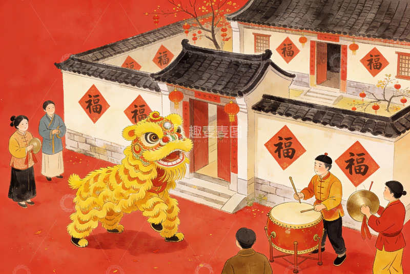 高清大图下载【趣麦麦图】传统舞狮表演热闹场景