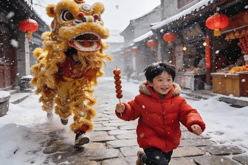 雪中舞狮孩童欢跑