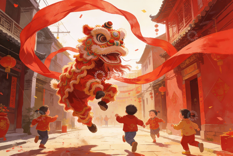 高清大图下载【趣麦麦图】春节舞狮孩童追逐欢乐场景