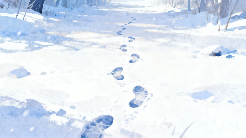 高清大图下载【趣麦麦图】雪地脚印延伸至远方