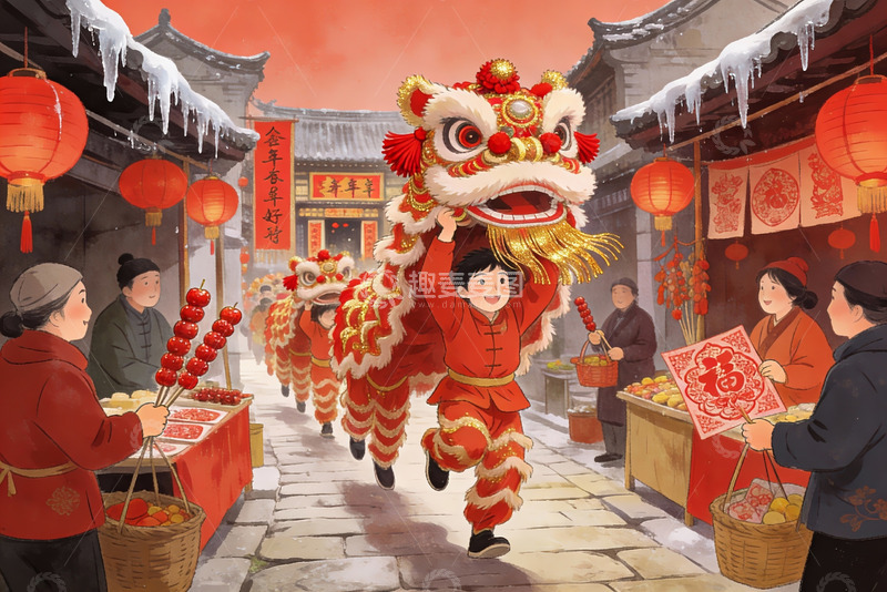 高清大图下载【趣麦麦图】春节舞狮热闹街景