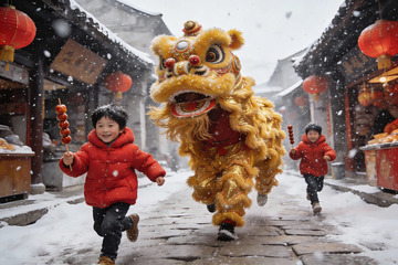 雪中舞狮孩童嬉戏