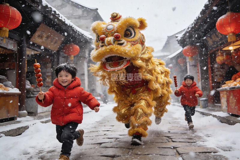 高清大图下载【趣麦麦图】雪中舞狮孩童嬉戏