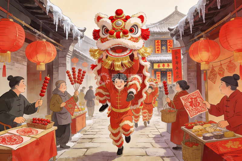 高清大图下载【趣麦麦图】春节舞狮热闹街景