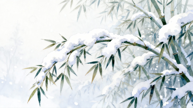 高清大图下载【趣麦麦图】雪覆竹枝清雅水墨画