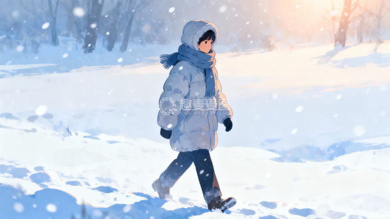 高清大图下载【趣麦麦图】雪地行走的冬日少女