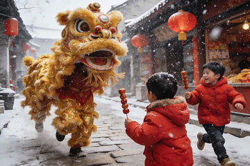 雪中舞狮孩童追逐欢乐场景