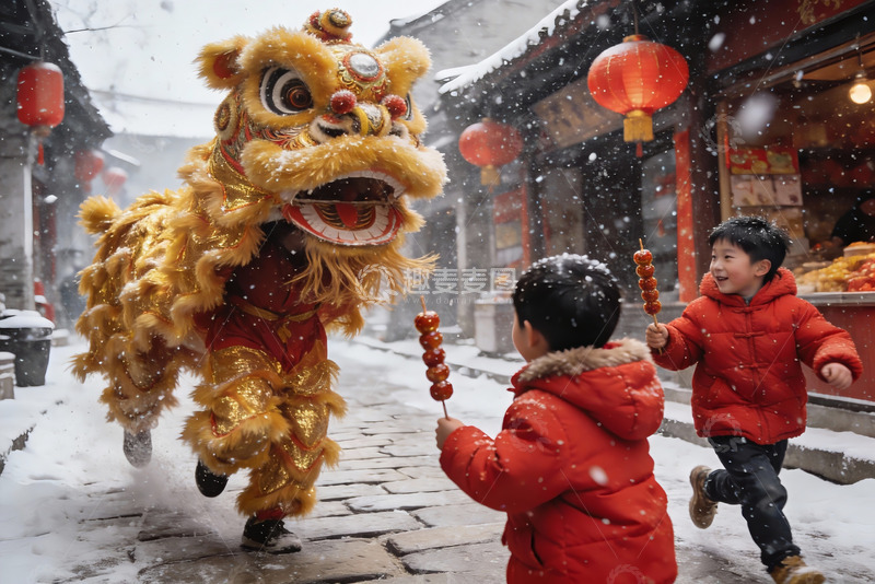 高清大图下载【趣麦麦图】雪中舞狮孩童追逐欢乐场景