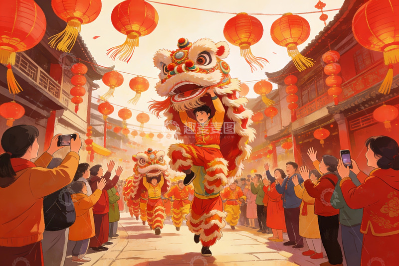 高清大图下载【趣麦麦图】春节舞狮热闹街景