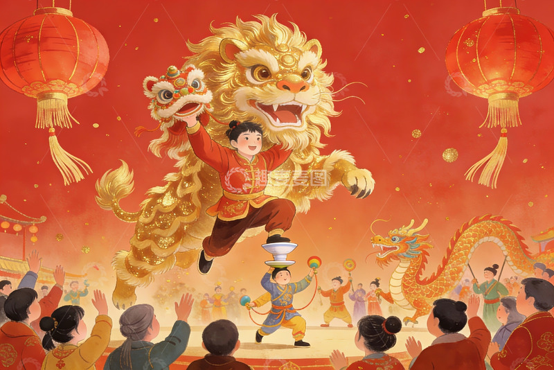 高清大图下载【趣麦麦图】春节舞狮龙灯热闹场景