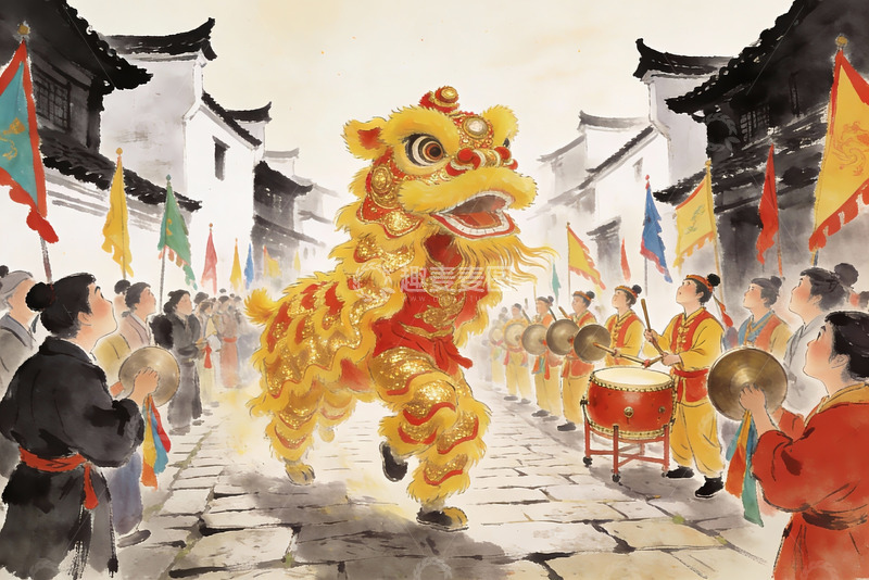 高清大图下载【趣麦麦图】传统舞狮表演热闹街景