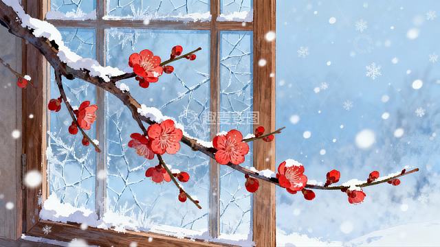 雪中红梅映窗景