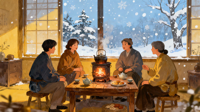 四人围炉雪景取暖
