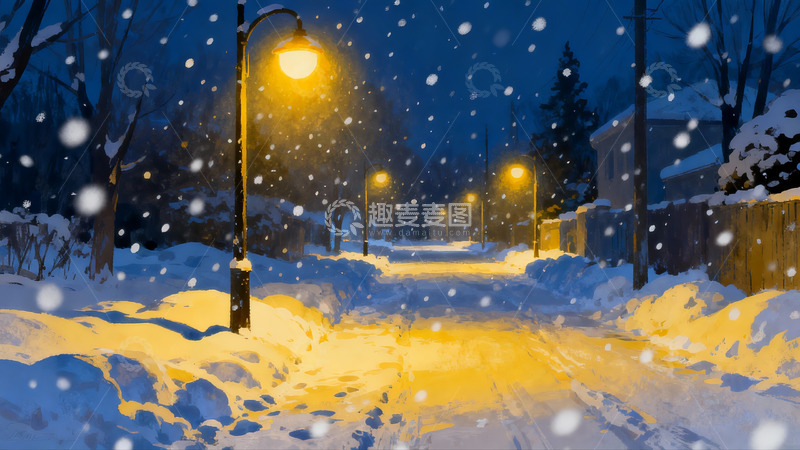 高清大图下载【趣麦麦图】雪夜街灯下的宁静小径