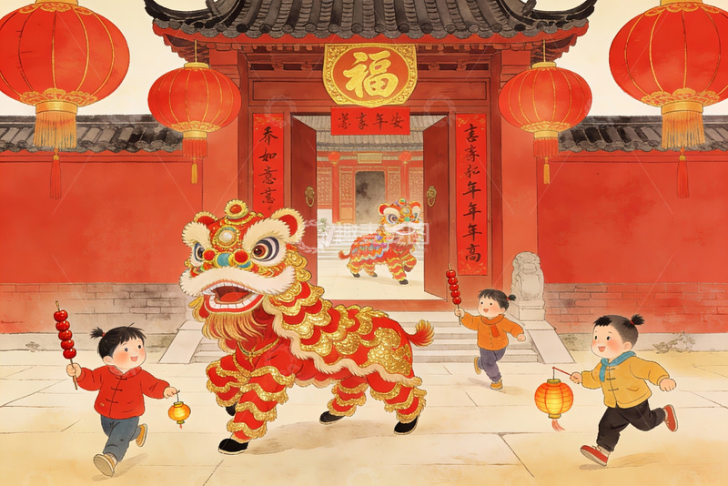 高清大图下载【趣麦麦图】春节舞狮儿童欢庆场景