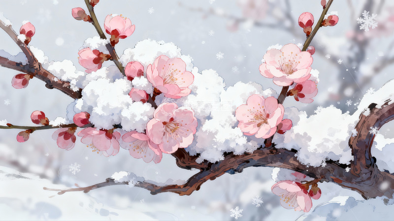高清大图下载【趣麦麦图】雪中绽放的粉色梅花