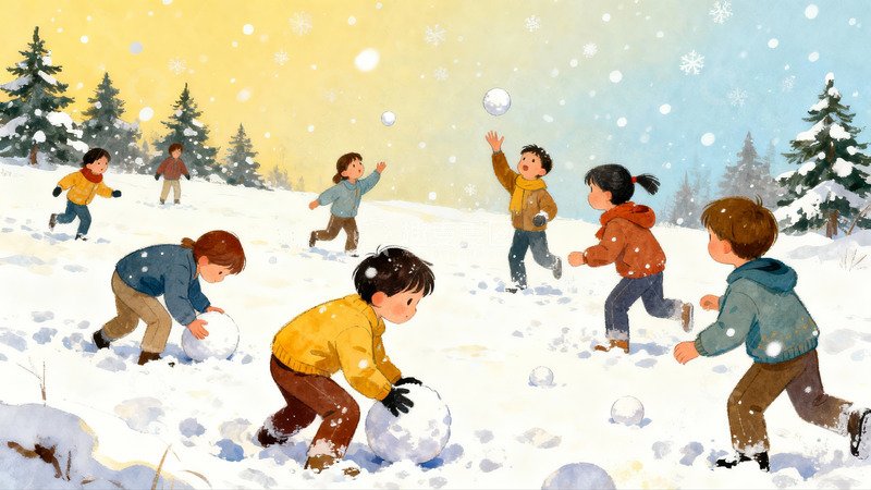高清大图下载【趣麦麦图】孩童雪地打雪仗欢乐场景