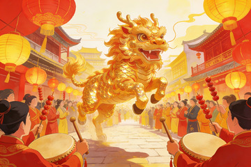 金龙舞动迎新春热闹街景