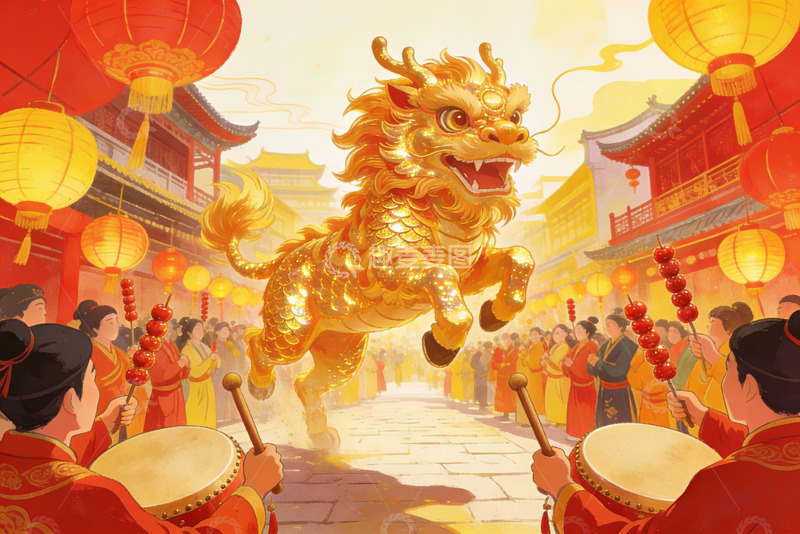 高清大图下载【趣麦麦图】金龙舞动迎新春热闹街景