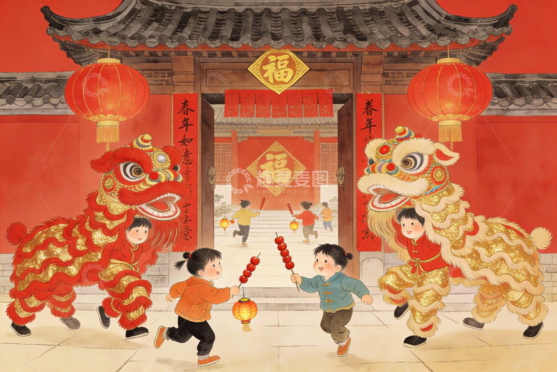 高清大图下载【趣麦麦图】春节舞狮儿童欢庆场景