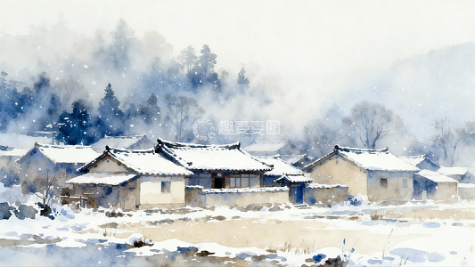 雪中古村水墨画