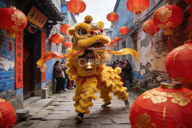 高清大图下载【趣麦麦图】古巷舞狮迎新春