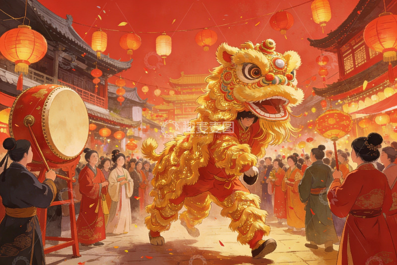 高清大图下载【趣麦麦图】热闹舞狮迎新春