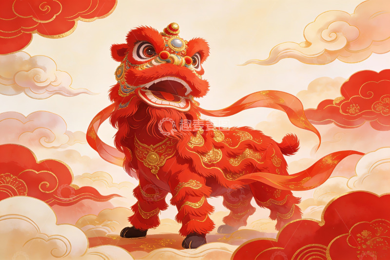 高清大图下载【趣麦麦图】红色舞狮云端祥云图案