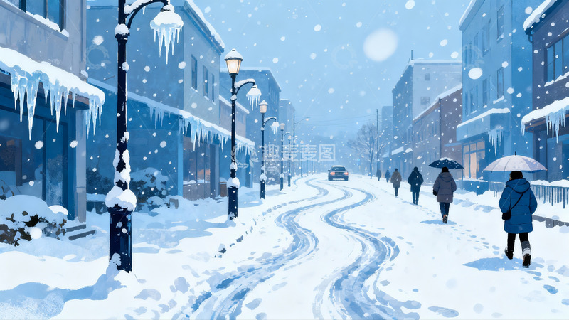 高清大图下载【趣麦麦图】雪夜街道行人撑伞漫步