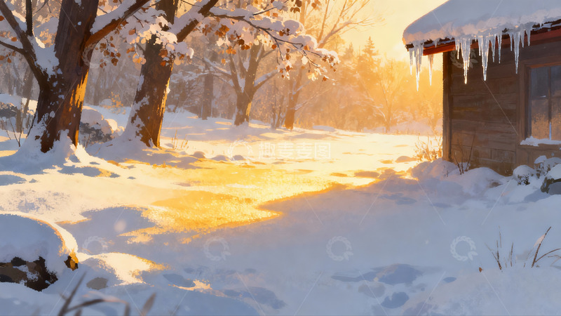 高清大图下载【趣麦麦图】雪后小屋晨光图