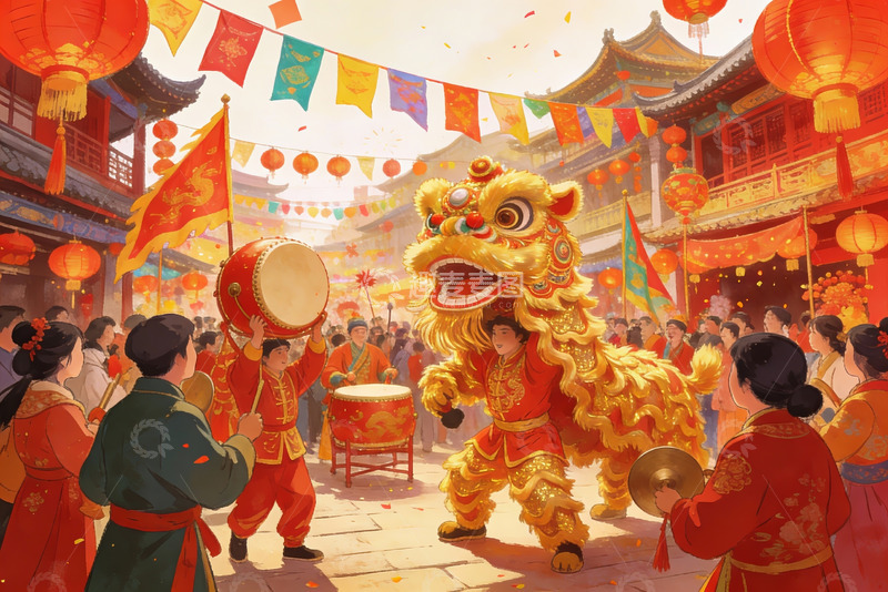 高清大图下载【趣麦麦图】热闹街市舞狮表演欢庆场景