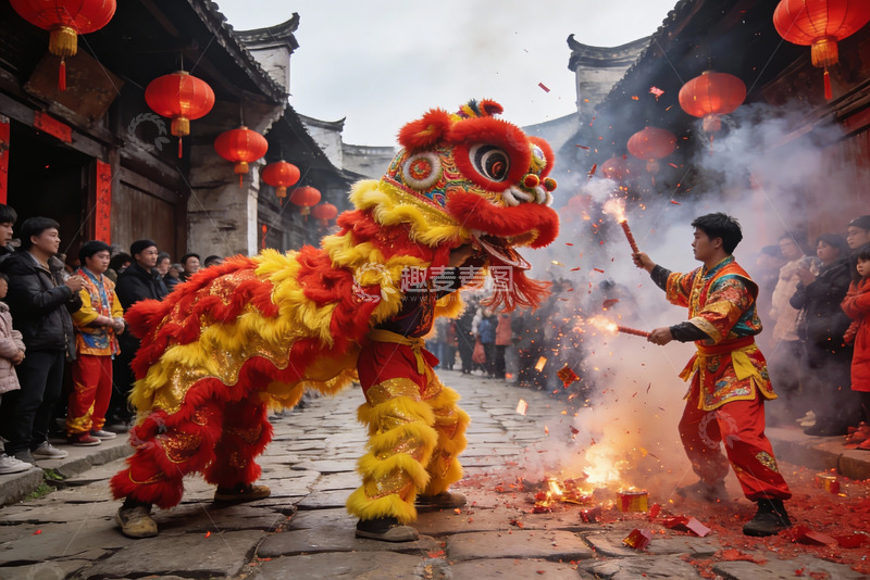 高清大图下载【趣麦麦图】街头舞狮表演热闹非凡