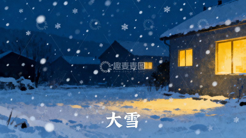 高清大图下载【趣麦麦图】冬夜雪景房屋灯火温暖