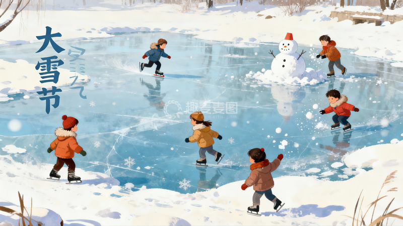 高清大图下载【趣麦麦图】雪地冰场儿童嬉戏欢乐场景