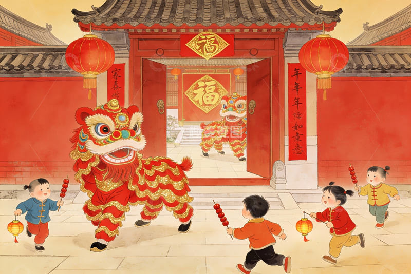 高清大图下载【趣麦麦图】春节舞狮儿童欢庆场景