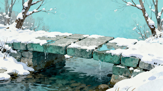 雪覆石桥流水潺潺冬景画