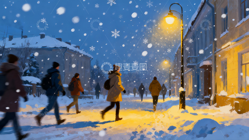 高清大图下载【趣麦麦图】雪夜街头行人漫步