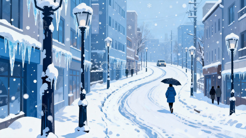 高清大图下载【趣麦麦图】雪夜街景行人撑伞漫步