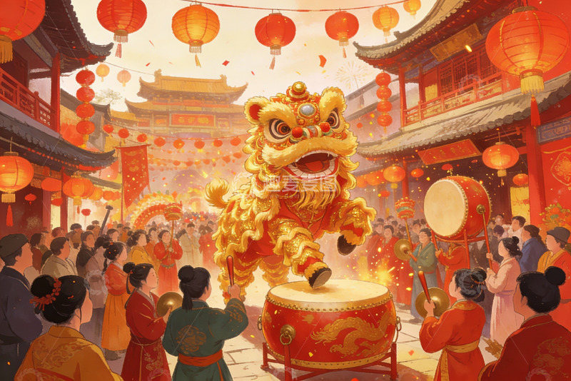 高清大图下载【趣麦麦图】热闹舞狮庆典场景
