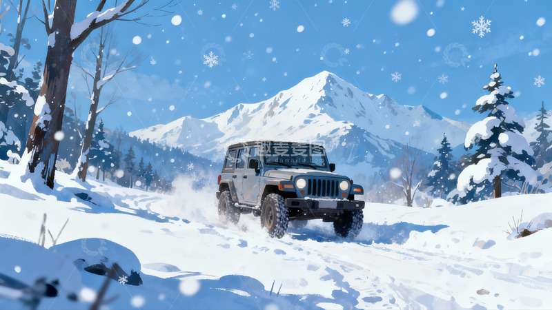 高清大图下载【趣麦麦图】雪地越野车行驶于雪山