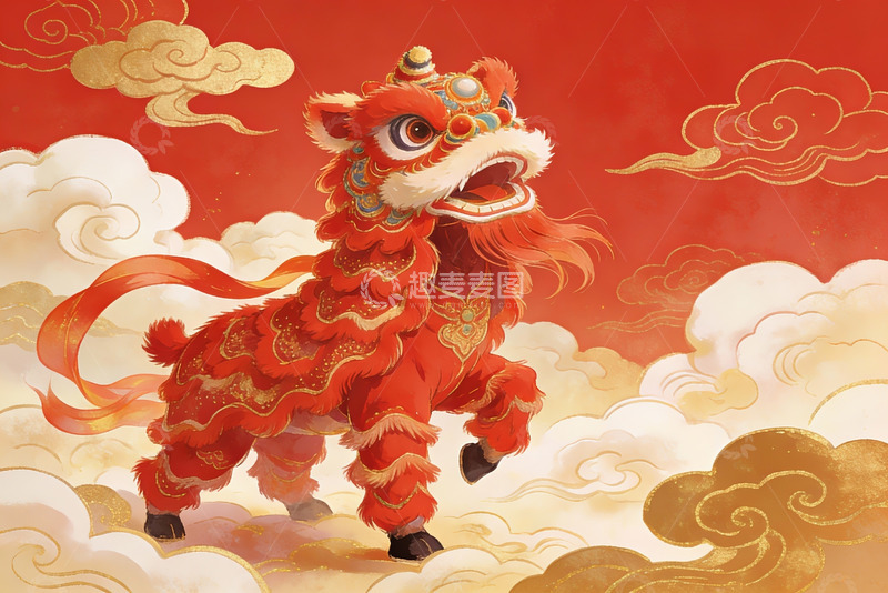 高清大图下载【趣麦麦图】红色舞狮云端起舞祥瑞之象